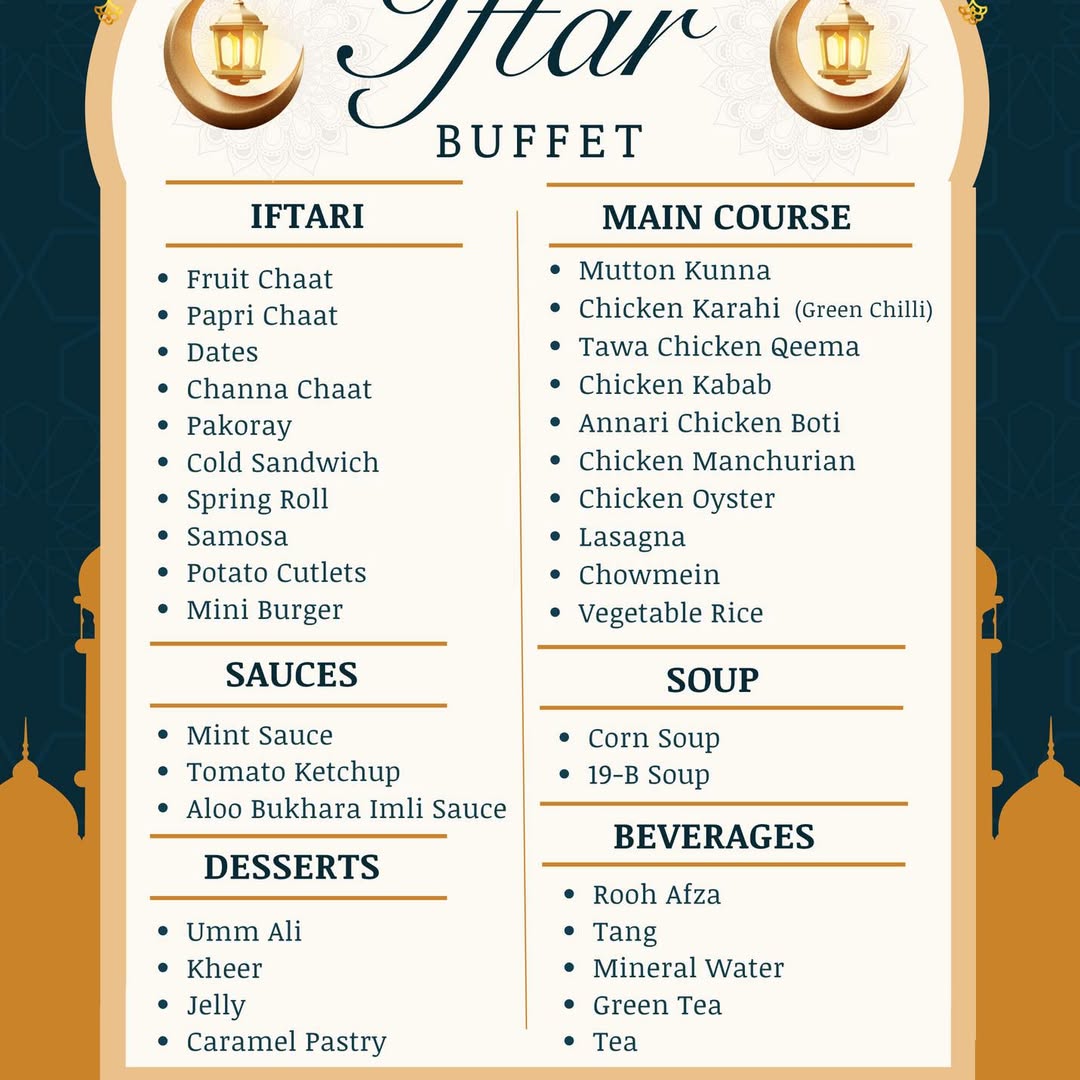 Iftar buffet menu card from the club kitchen